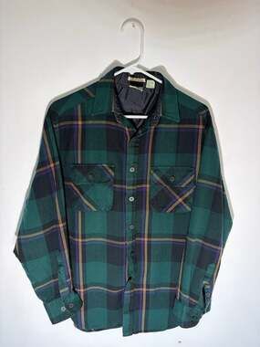 Vintage Appalachian Trail Green Plaid Lined Flannel Shirt Jacket Size M